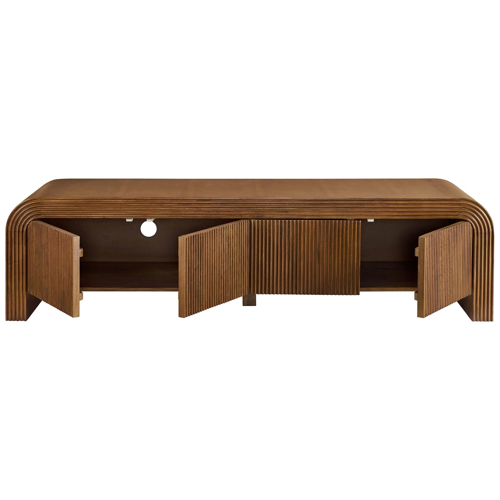 Walnut TV stand with four doors open revealing roomy shelves and rear cable management cutouts || EEI-7199-WAL || front_open_studio