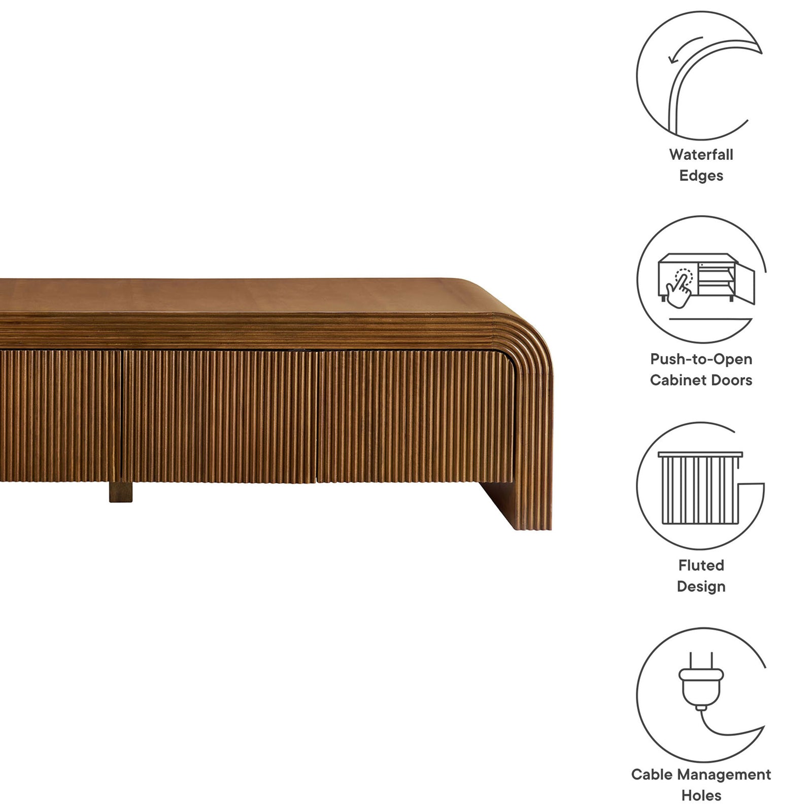 Graphic highlights Waterflute TV stand features like waterfall edges, fluted doors, and cable management || EEI-7199-WAL || callout_studio