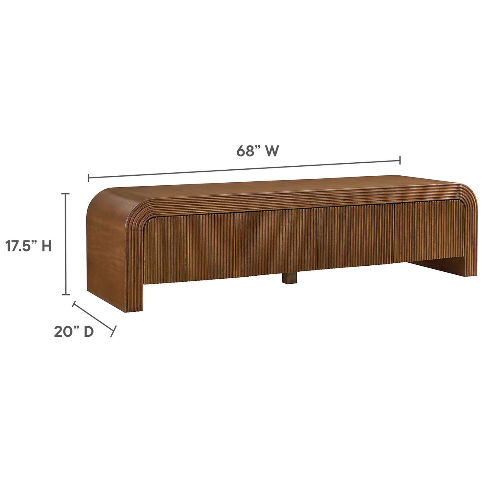 Dimension graphic shows the 68 inch wide Waterflute walnut TV stand with 20 inch depth and 17.5 inch height || EEI-7199-WAL || dimension_studio