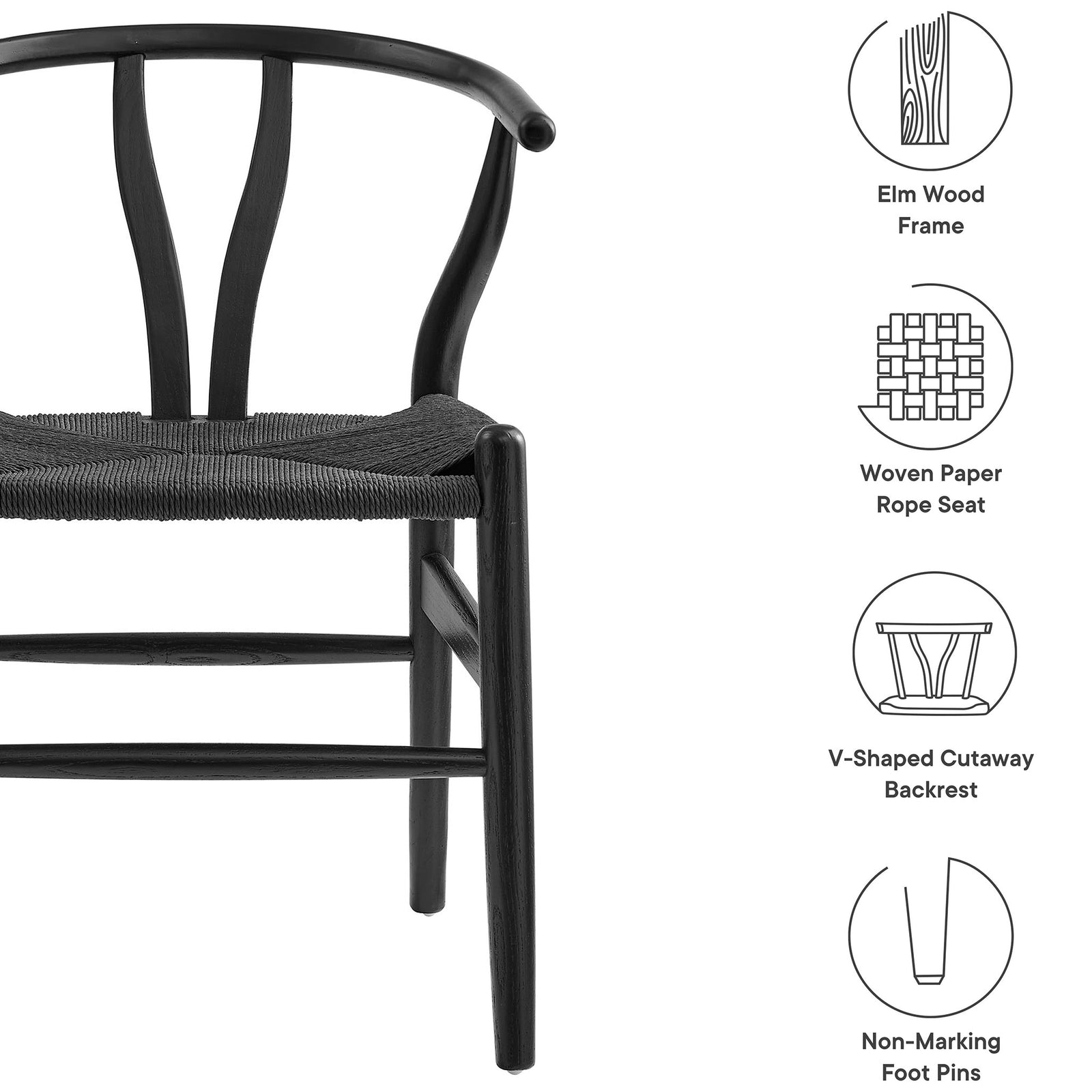 Feature highlights of the Amish black dining chair including elm wood frame, rope seat, and non-marking feet || EEI-7200-BLK-BLK || callout_studio