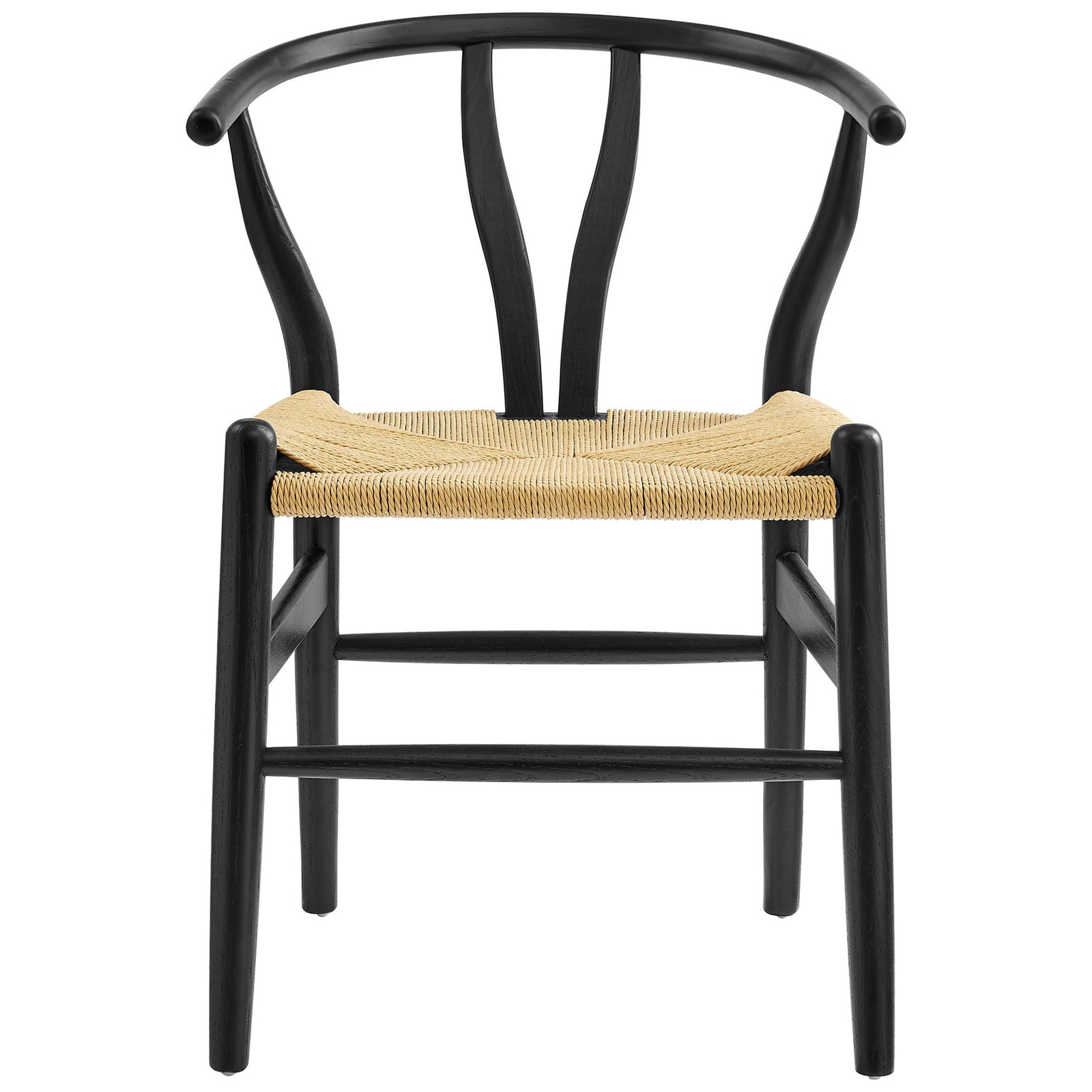 Minimalist black wood dining chair with gently arched back and natural woven paper rope seat || EEI-7200-BLK || front_studio