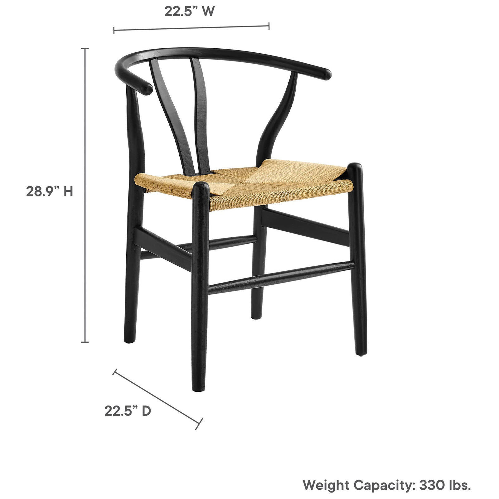 Size guide showing chair height, width, depth, and weight capacity for the Amish rope dining chair || EEI-7200-BLK || dimension_studio