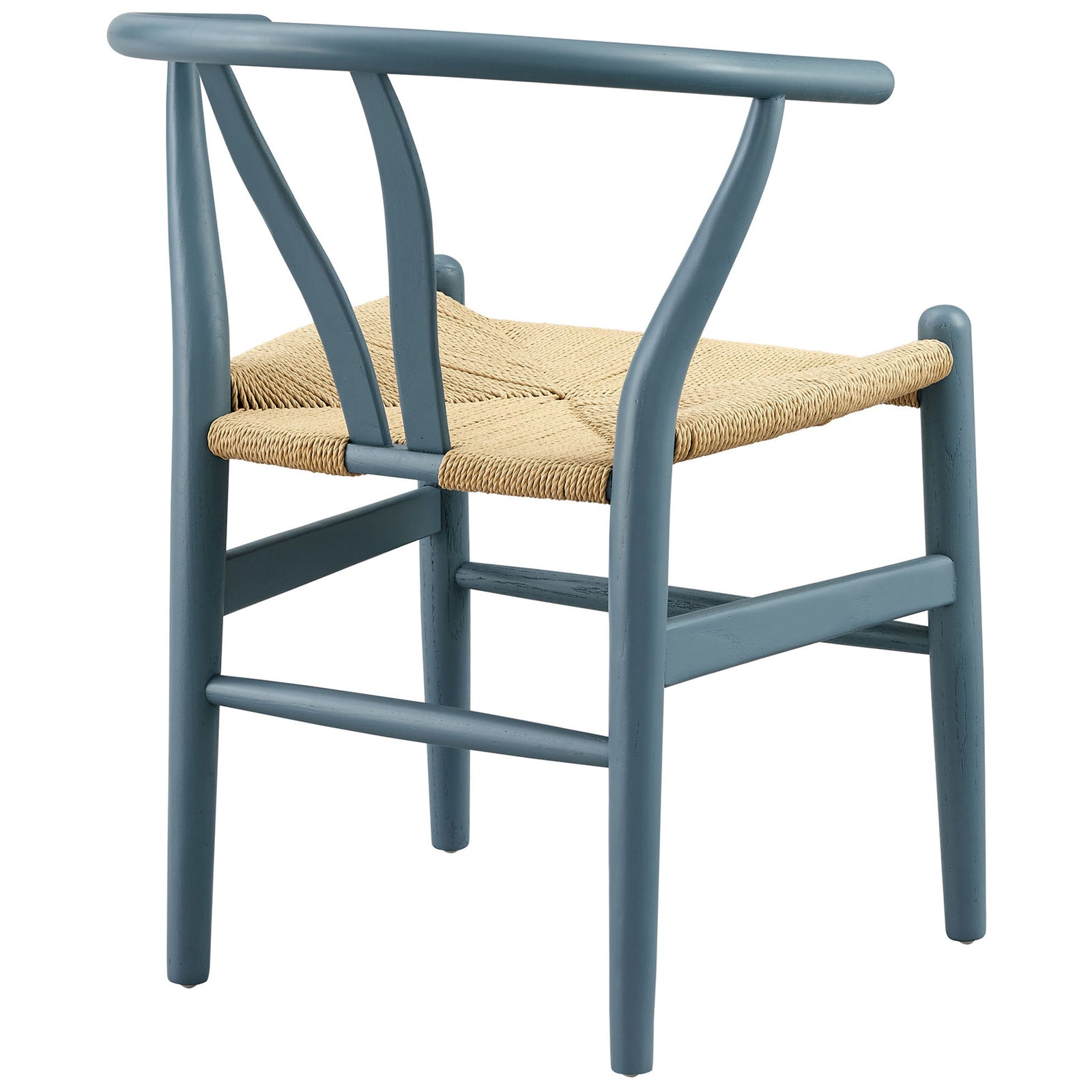 Curved wraparound back of harbor blue wood dining chair with V-shaped cutout detail || EEI-7200-HAR || back_angle_studio