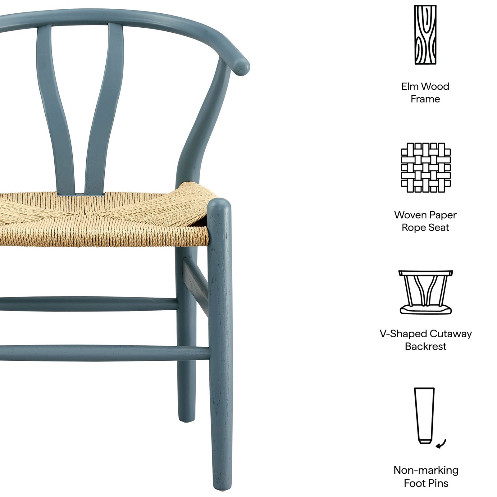 Feature overview of harbor blue wood dining chair highlighting rope seat and V-cut backrest || EEI-7200-HAR || callout_studio