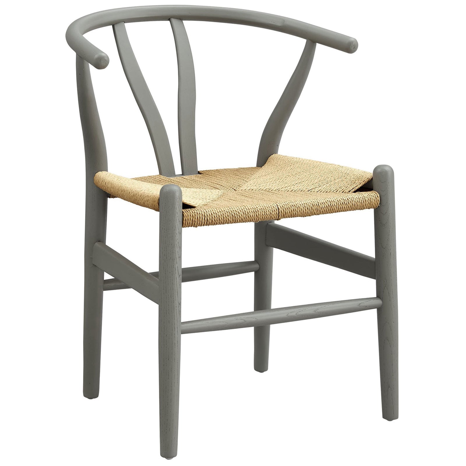 Light gray wood side chair with curved backrest and woven rope seat for airy, modern dining style || EEI-7200-LGR || front_angle_studio