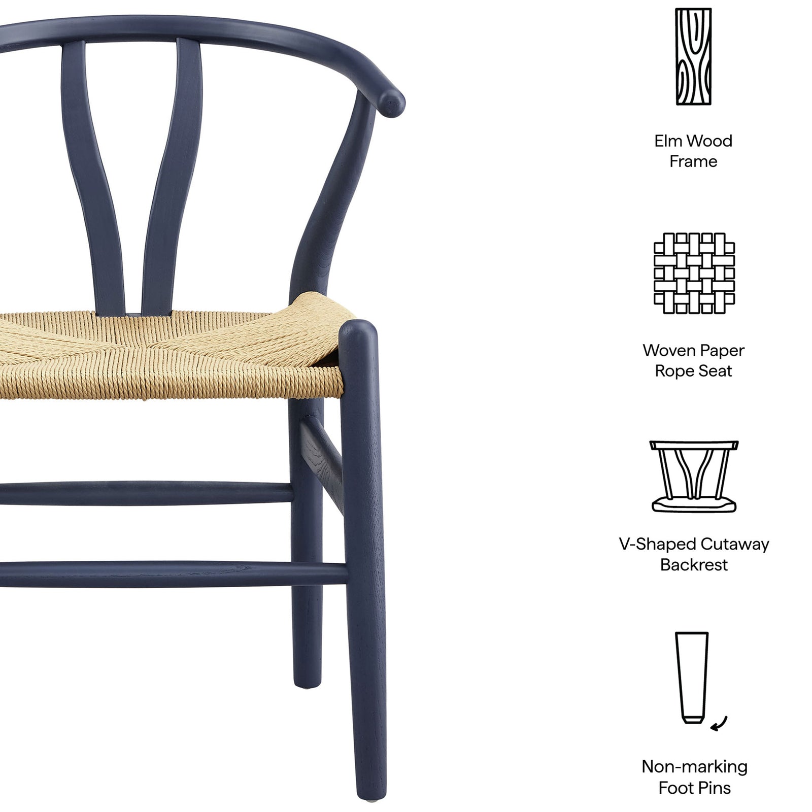 Amish dining chair with icons emphasizing elm wood frame, woven paper rope seat, and non-marking foot pins. || EEI-7200-MID || callout_studio