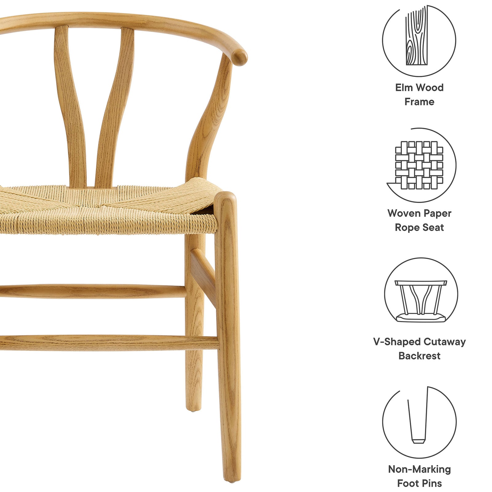 Natural wood chair showcasing rope seat, V-shaped backrest, and non-marking foot pins || EEI-7200-NAT || callout_studio