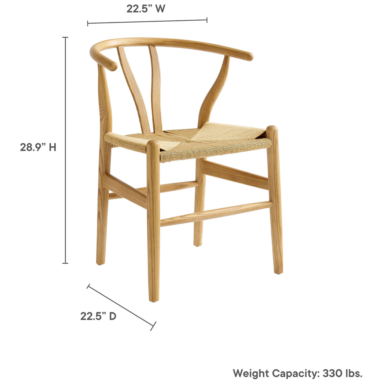 Natural wood dining chair with rope seat along with overall dimensions and weight capacity details || EEI-7200-NAT || dimension_studio