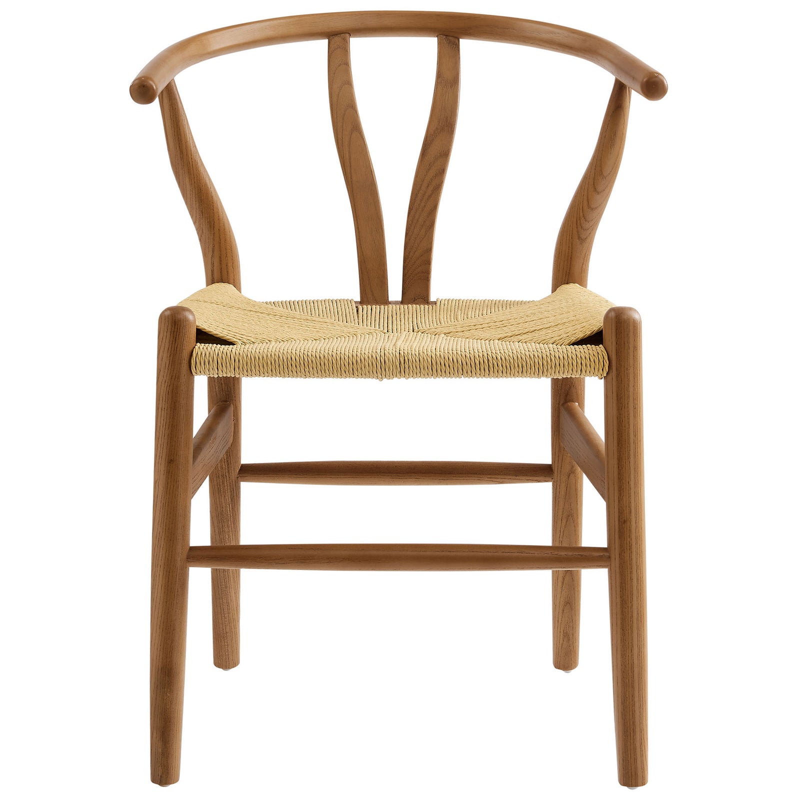 Symmetrical walnut dining chair highlights the geometric woven rope seat and rounded posts || EEI-7200-WAL || front_studio