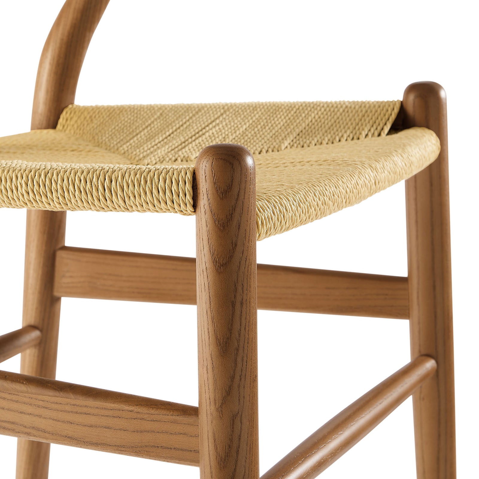 Handwoven rope seat features tight braiding and smooth walnut corner posts for a refined finish || EEI-7200-WAL || detail_studio