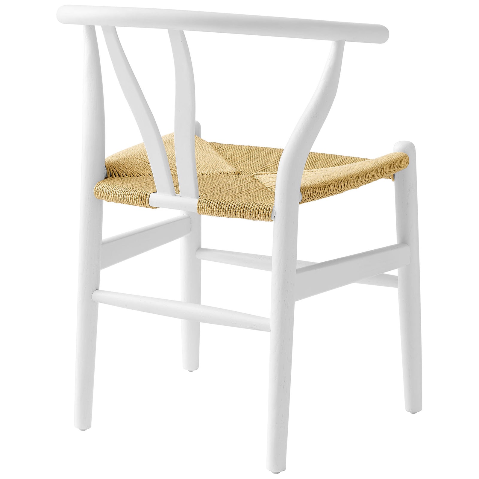 White wood dining chair with sculpted backrest, half moon top rail, and V cut woven rope seat pattern. || EEI-7200-WHI || back_angle_studio