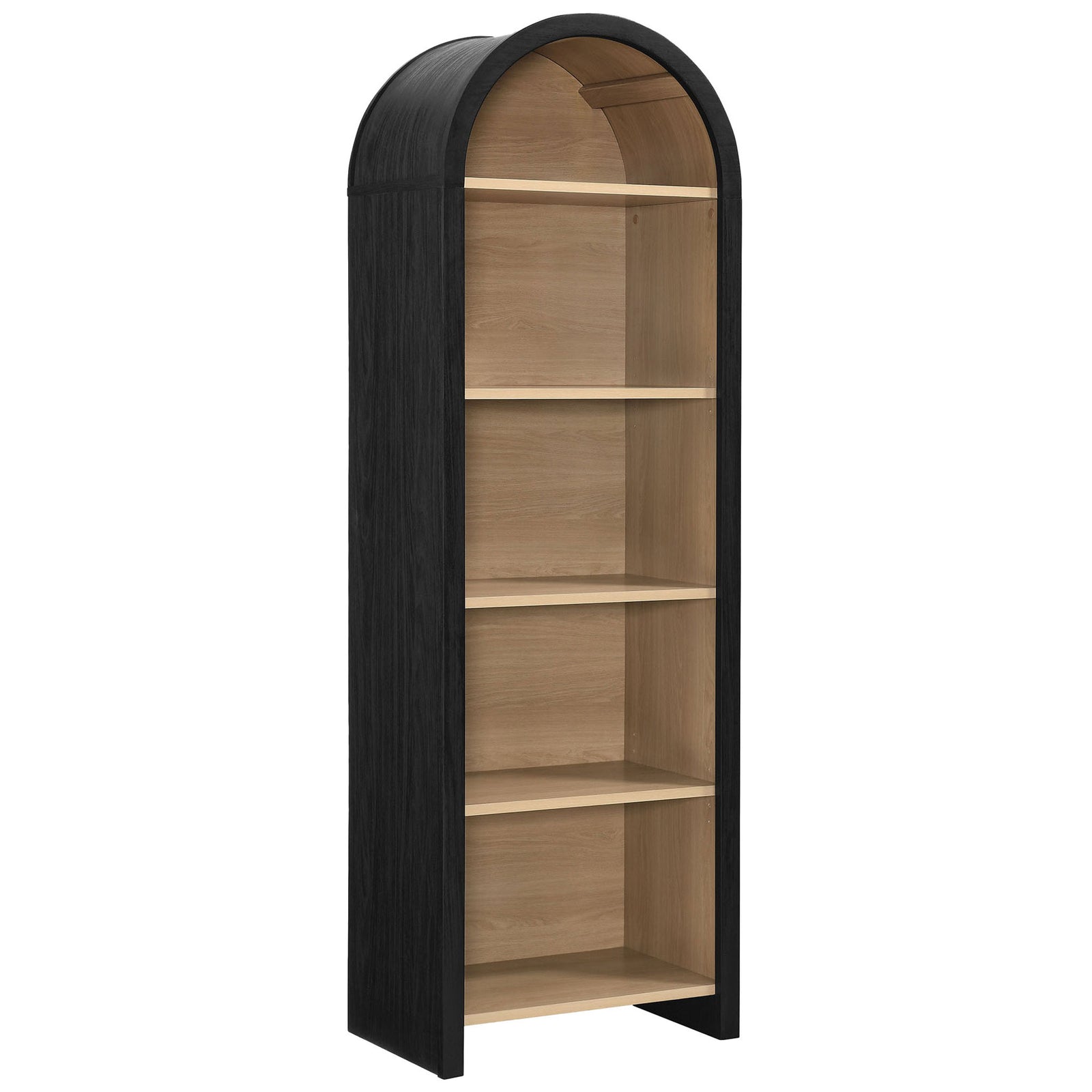 Arched bookcase with black wood-grain frame and oak shelves, five tiers in a slim, modern profile || EEI-7201-BLK-OAK || front_angle_studio