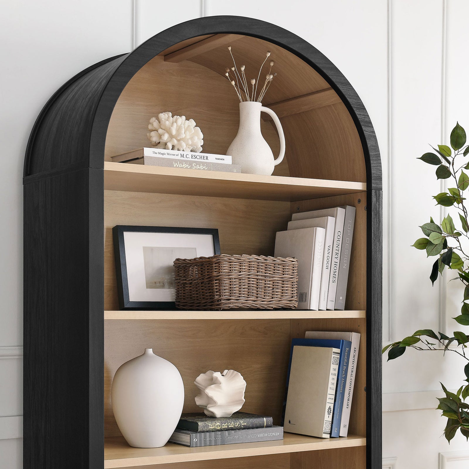 Styled shelves showcase the arched design and warm two-tone finish for a modern farmhouse look || EEI-7202-BLK-OAK || detail_room