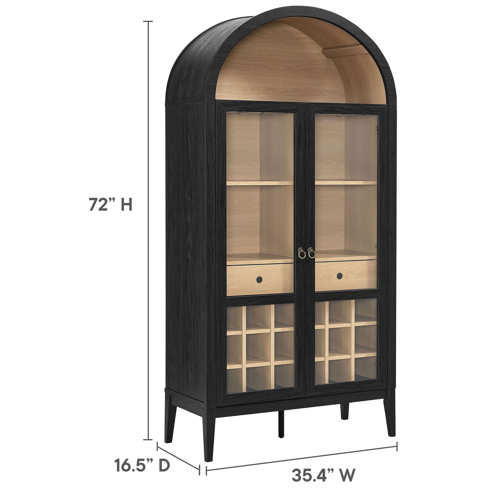 Cabinet dimensions shown: 72 in. H x 35.4 in. W x 16.5 in. D for a tall, space-smart profile || EEI-7203-BLK-OAK || dimension_studio