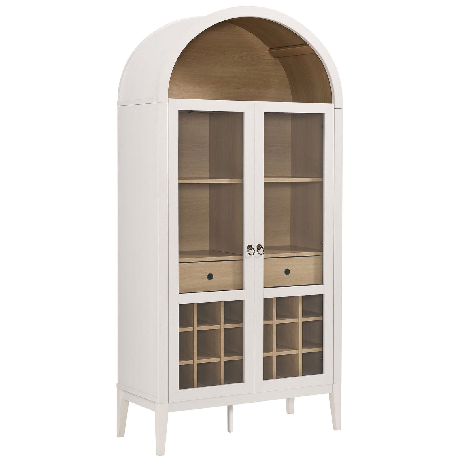 Modern farmhouse ivory oak bar cabinet with arched top, glass doors, and tapered legs || EEI-7203-IVO-OAK || front_angle_studio