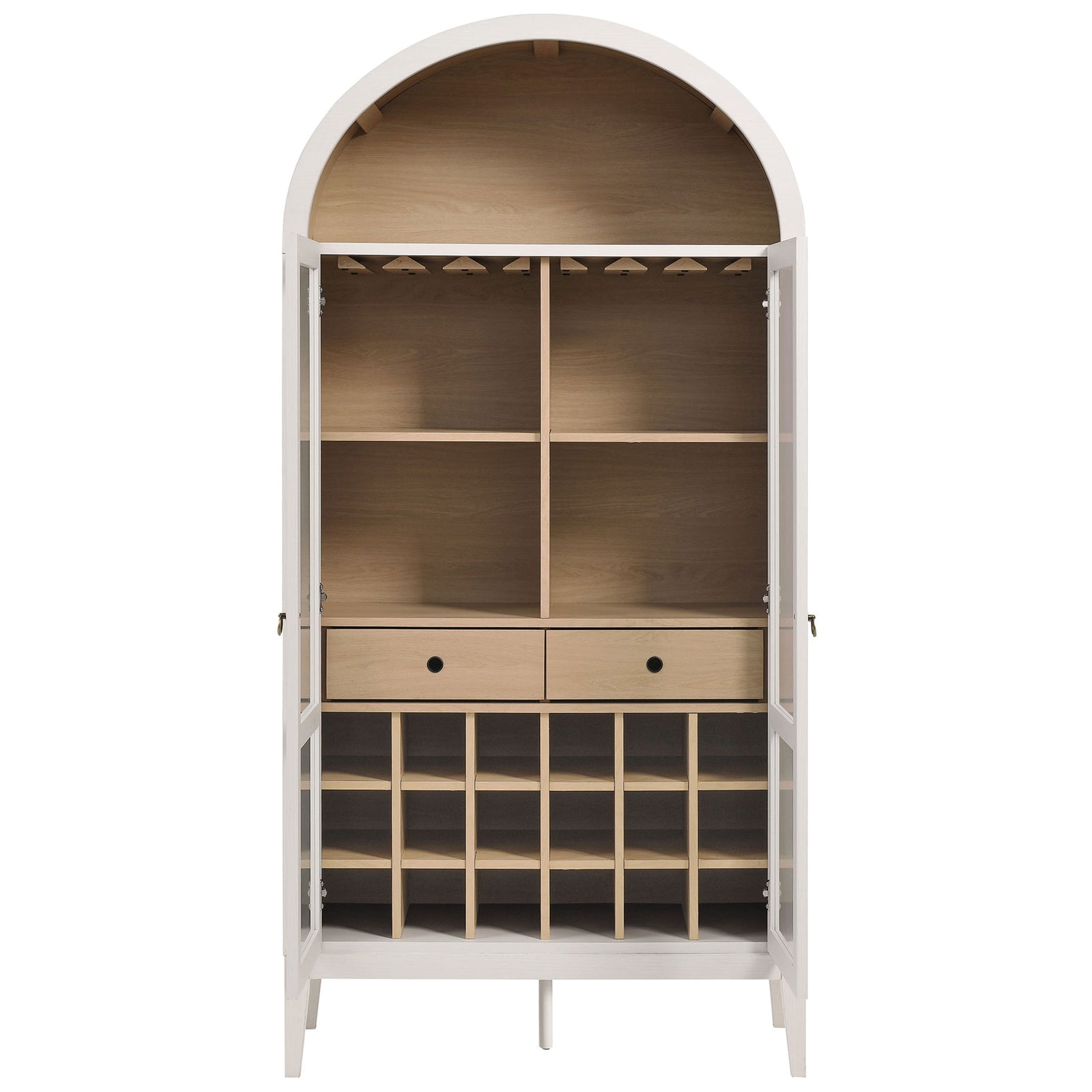 Open ivory oak arched bar cabinet with stemware rack, two full-glide drawers, and versatile storage || EEI-7203-IVO-OAK || front_open_studio