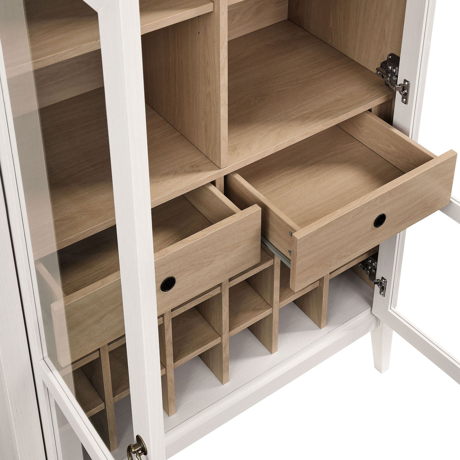 Smooth-glide dual drawers and 20-bottle wine rack keep bar tools and vintages neatly organized || EEI-7203-IVO-OAK || storage_open_studio