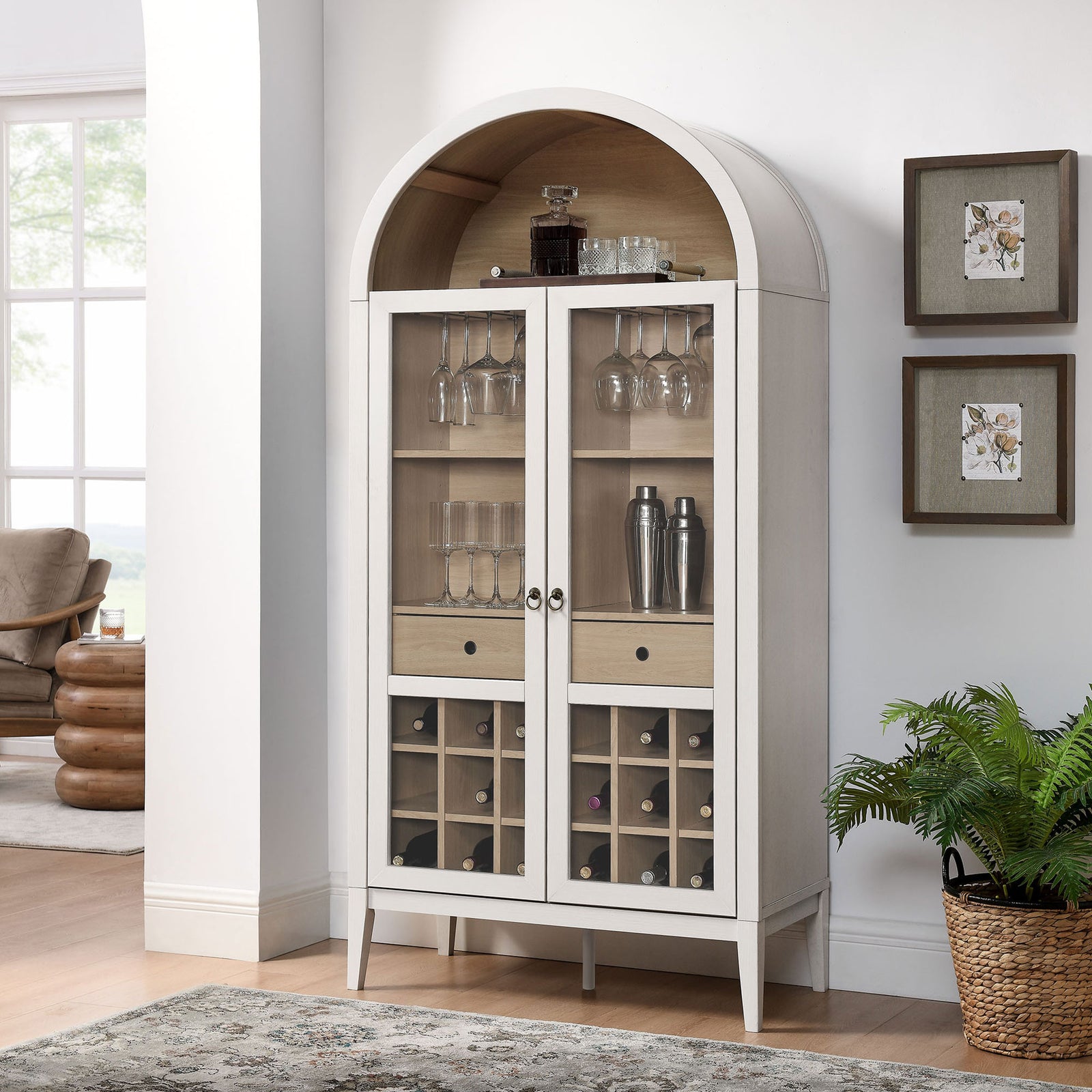 Sophisticated ivory oak bar cabinet elevates the room with arched design and glass-front display || EEI-7203-IVO-OAK || front_angle_room