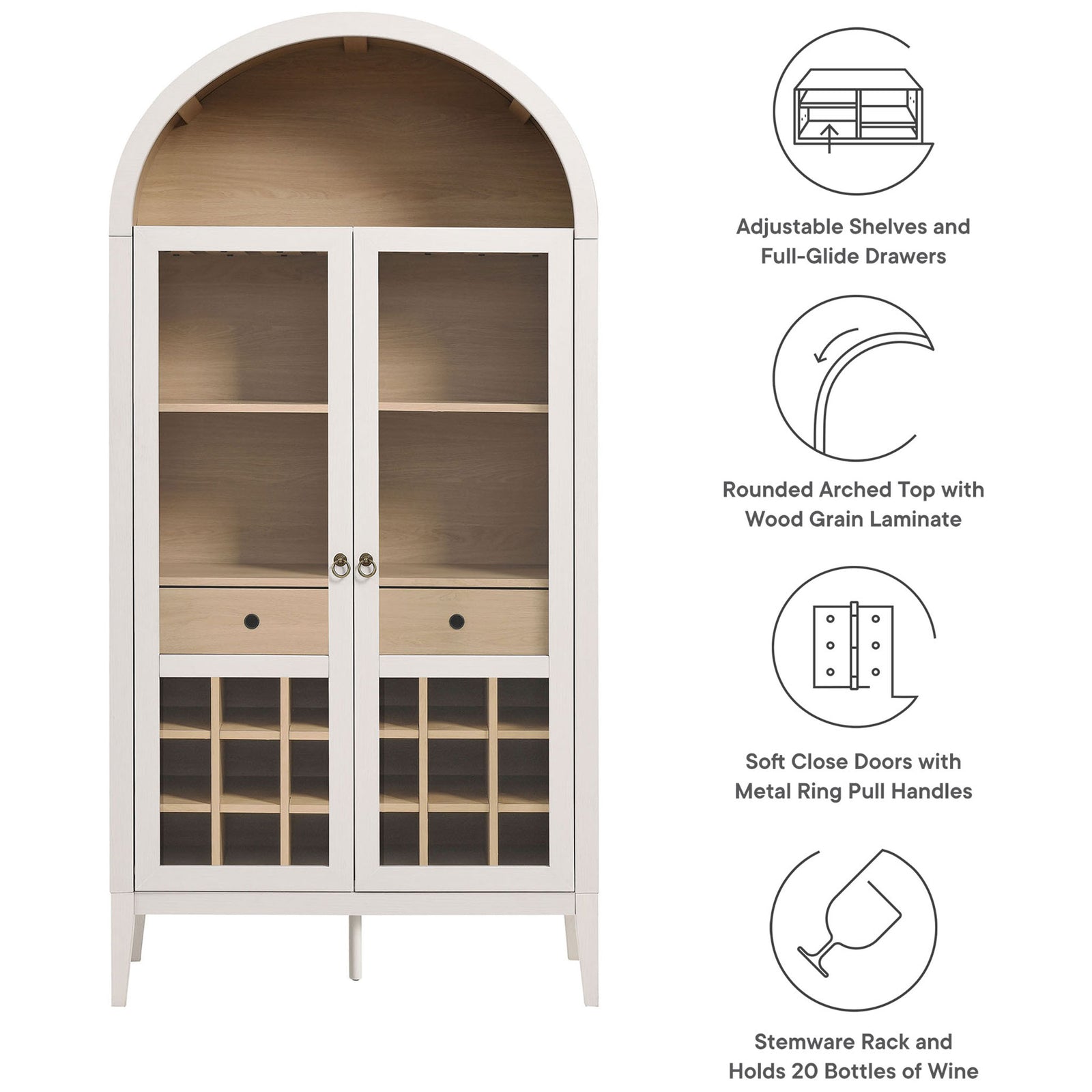 Feature highlights: arched top, adjustable shelves, full-glide drawers, stemware and 20-bottle wine racks || EEI-7203-IVO-OAK || callout_studio