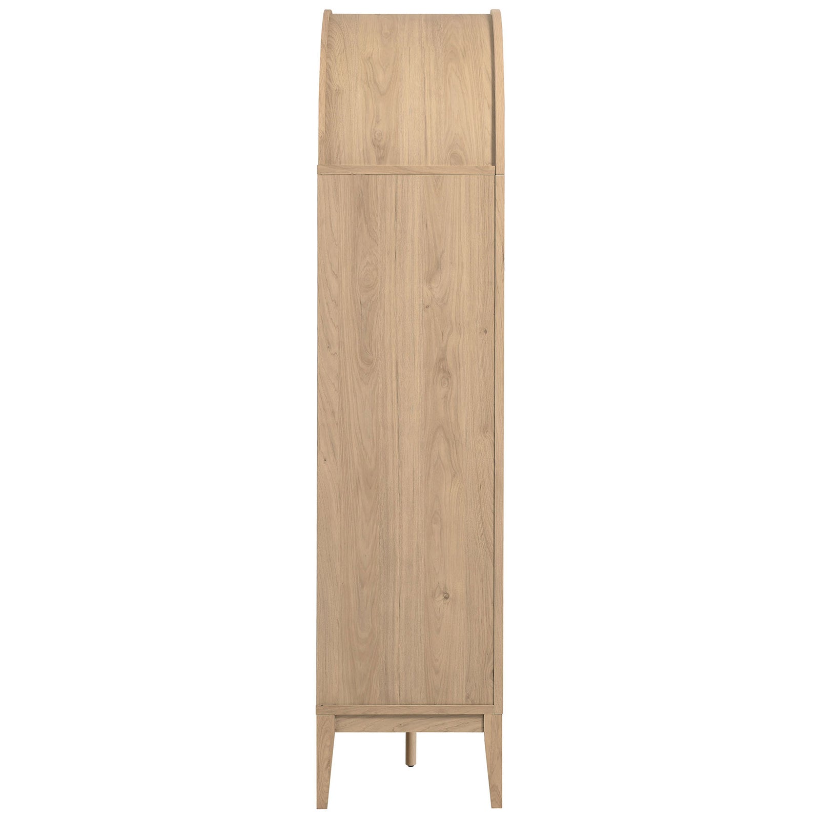 Slim arched cabinet profile in light oak with clean lines and tapered legs. || EEI-7203-LOA || side_studio