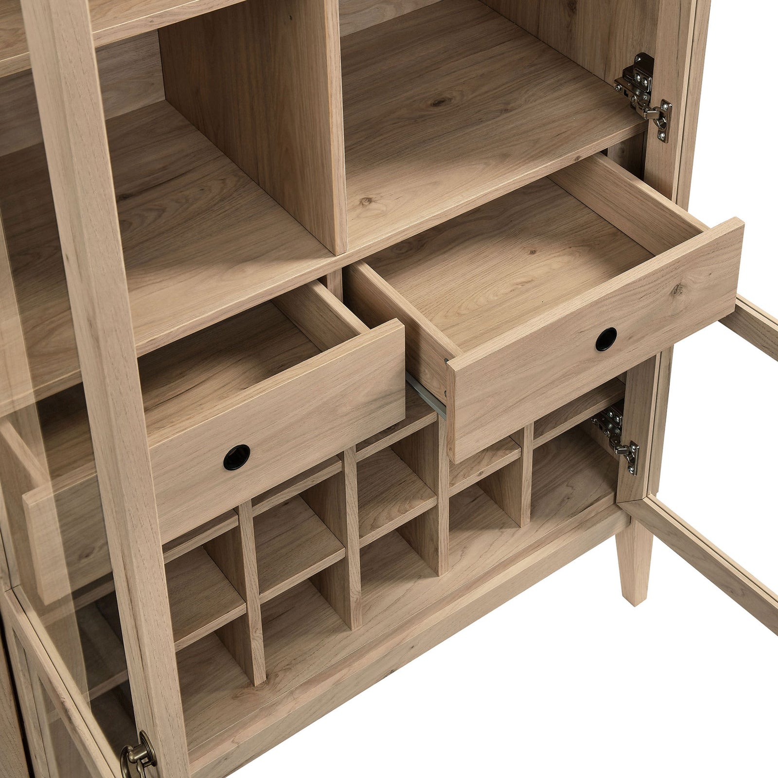 Smooth-glide drawers and segmented wine grid keep bar tools and bottles organized. || EEI-7203-LOA || storage_open_studio
