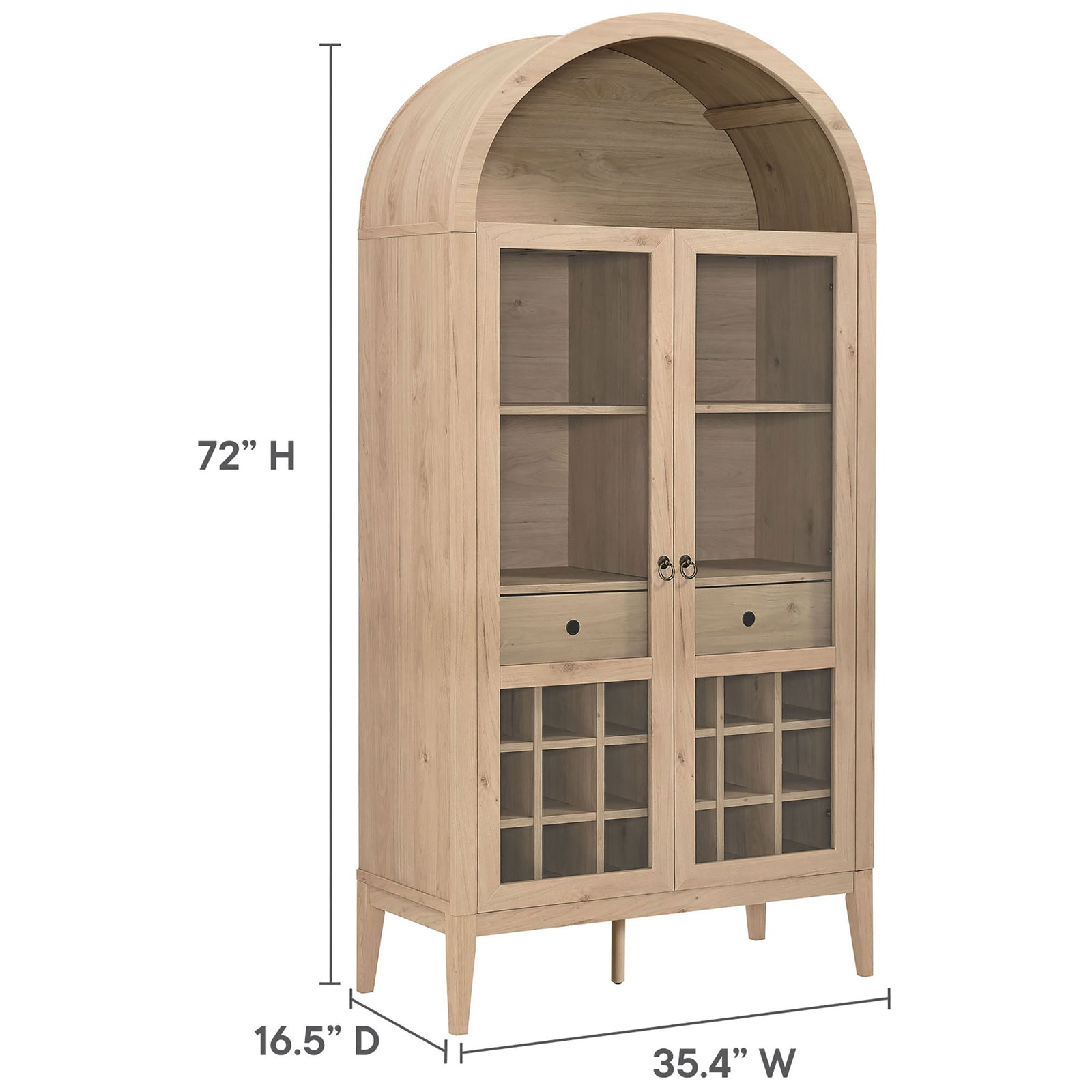 Spacious arched bar cabinet in light oak sized to maximize storage in dining spaces. || EEI-7203-LOA || dimension_studio