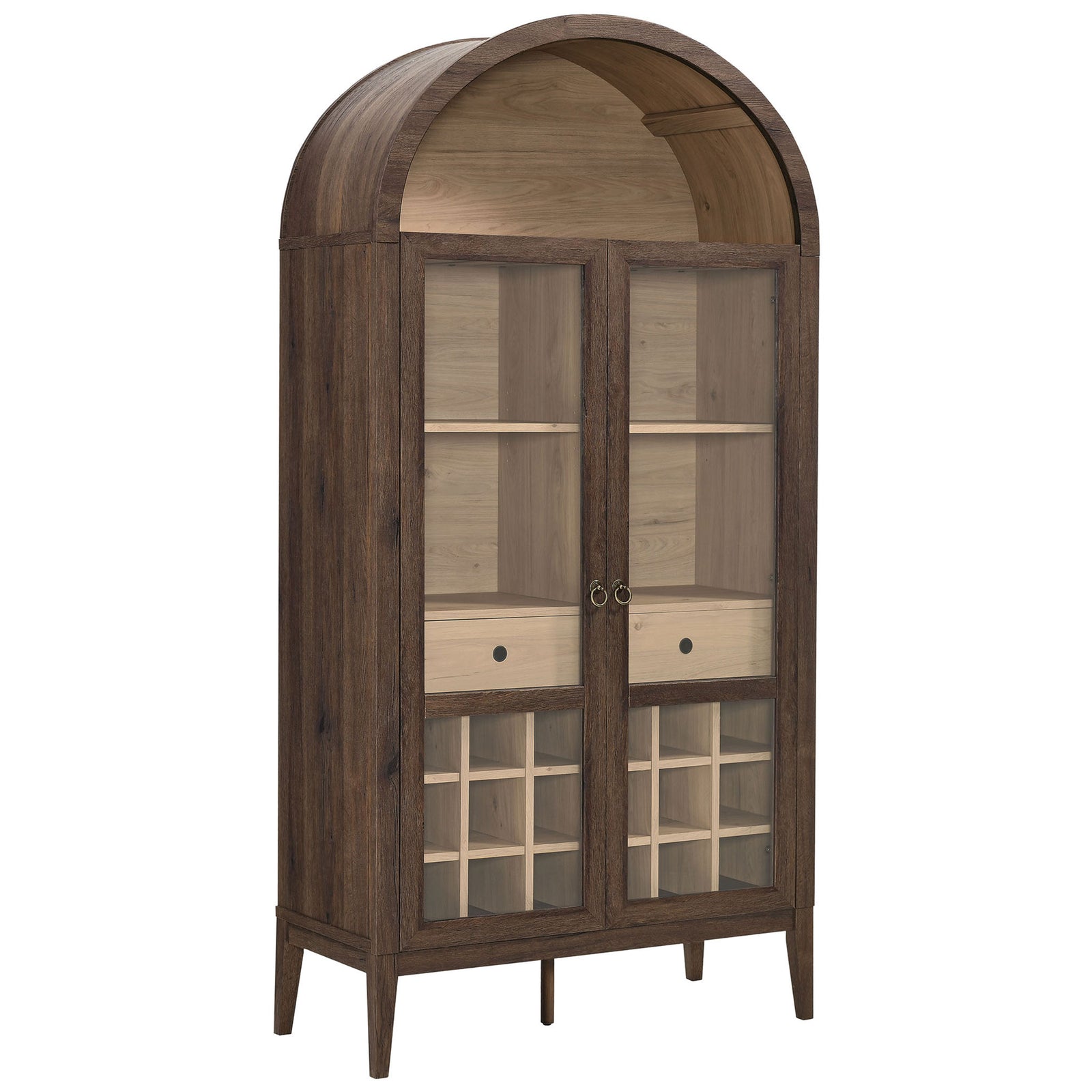 Two-tone wood grain cabinet with glass doors, 20-bottle wine rack, and soft-close hardware || EEI-7203-WAL-LOA || front_angle_studio