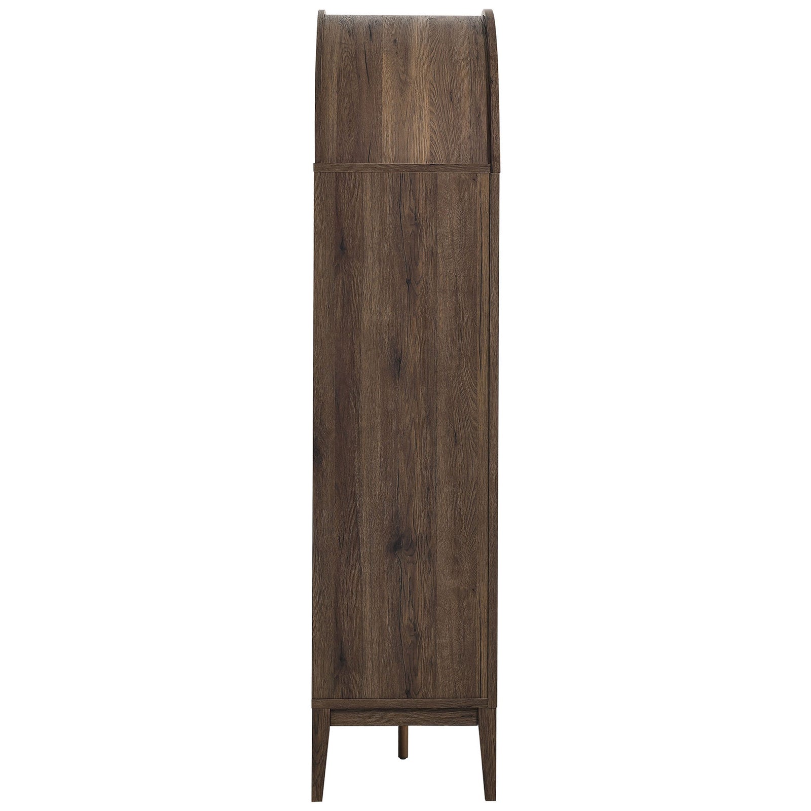 Curved dome top showcases rich wood grain laminate and a stable, tapered-leg base || EEI-7203-WAL-LOA || side_studio