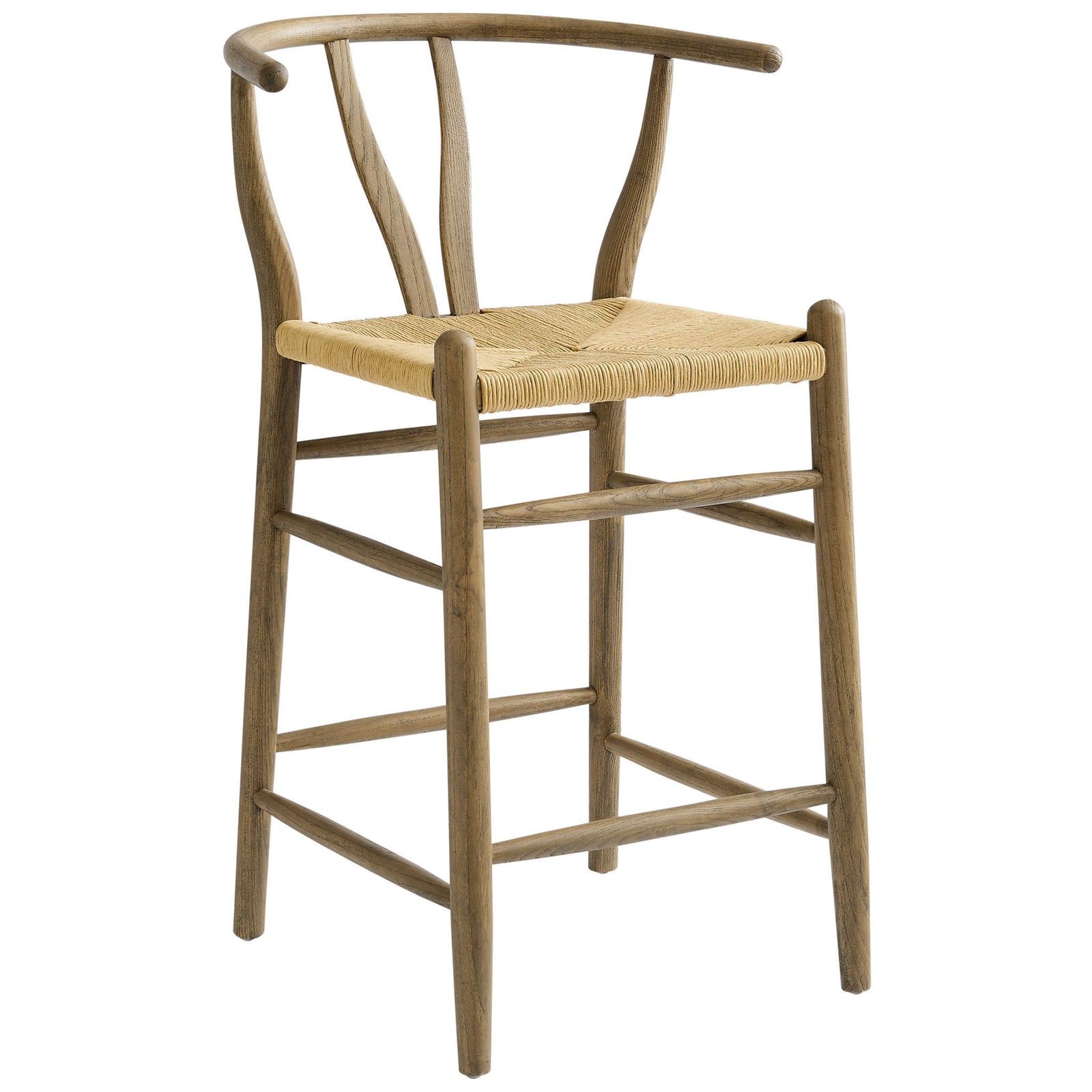 Sculpted elm wood counter stool featuring a wishbone-style back and tight paper rope seat || EEI-7206-GRY || front_angle_studio