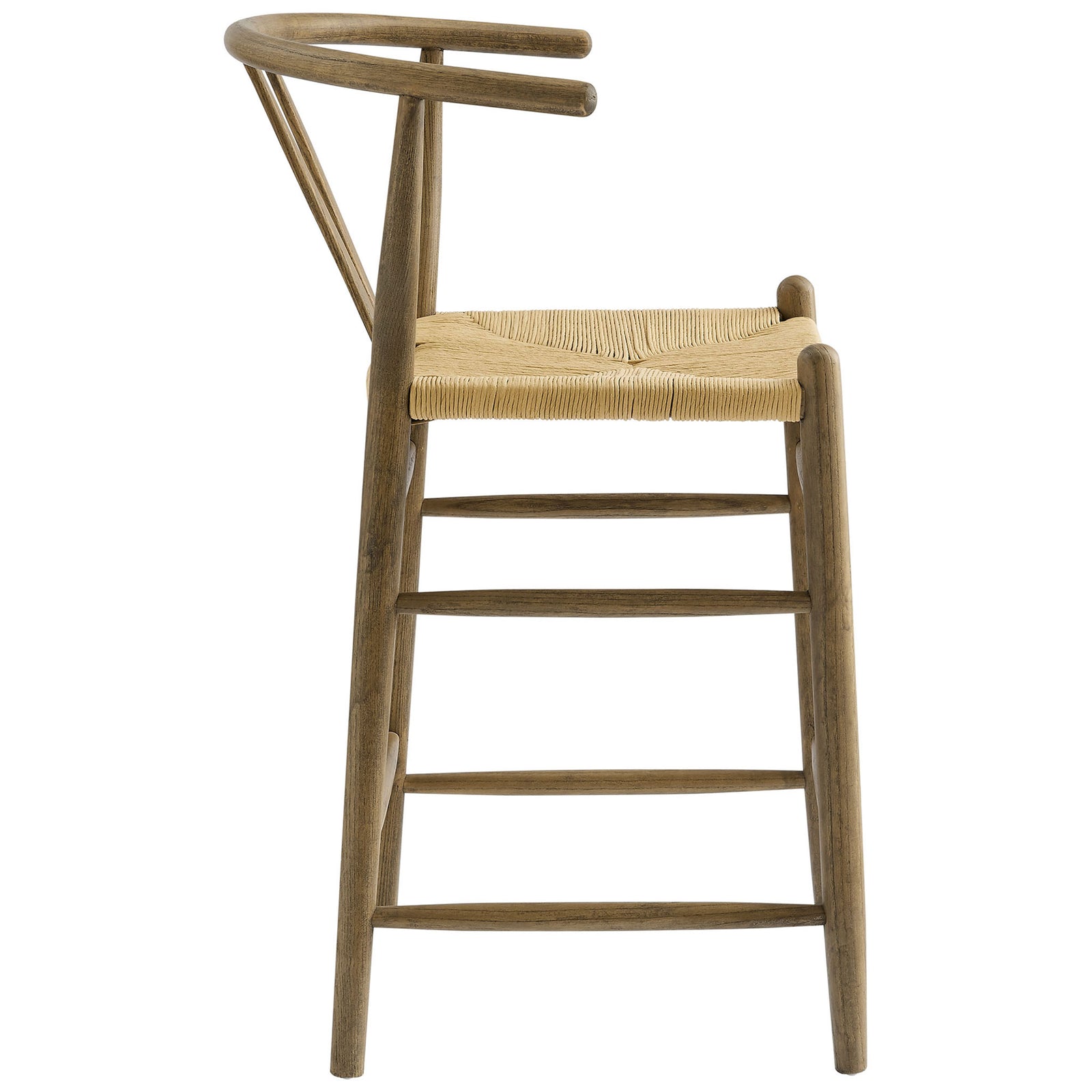 Slim counter stool with rounded arms and supportive foot bars, crafted in weathered gray wood || EEI-7206-GRY || side_studio
