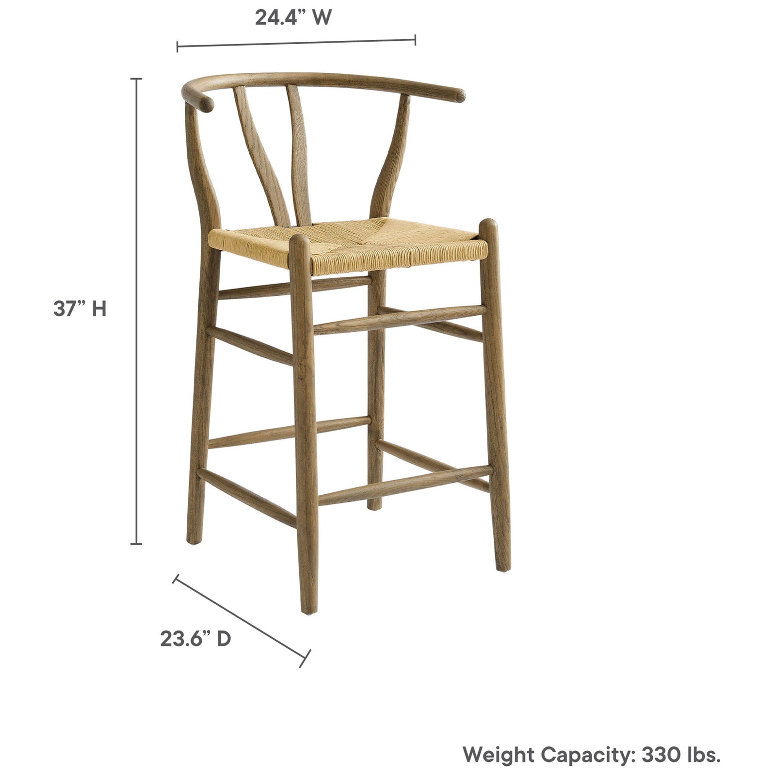 Counter stool dimensions: 37 in H x 24.4 in W x 23.6 in D; weight capacity 330 lb || EEI-7206-GRY || dimension_studio