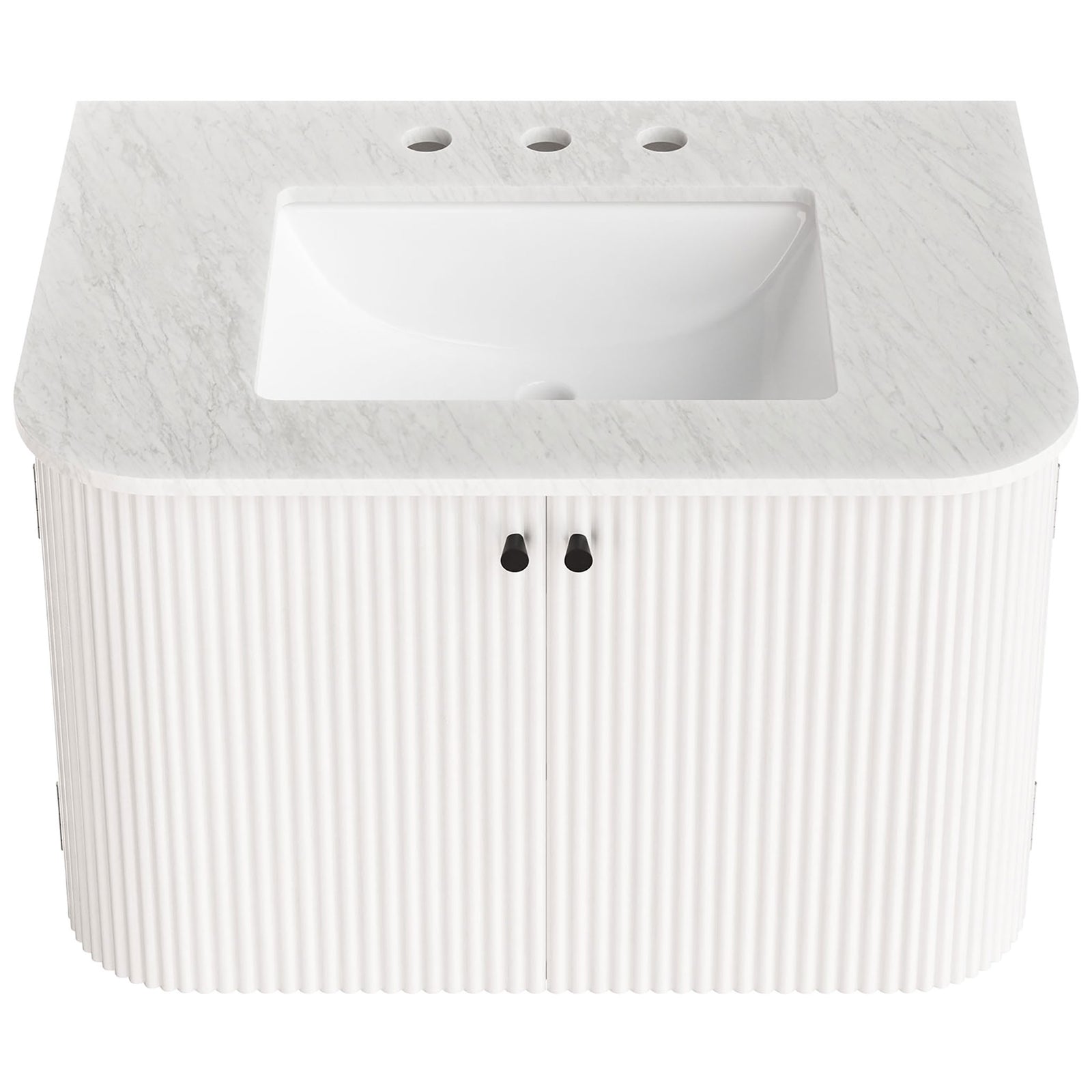 Expansive marble top with integrated basin and 8-inch widespread holes || EEI-7208-IVO || top_studio