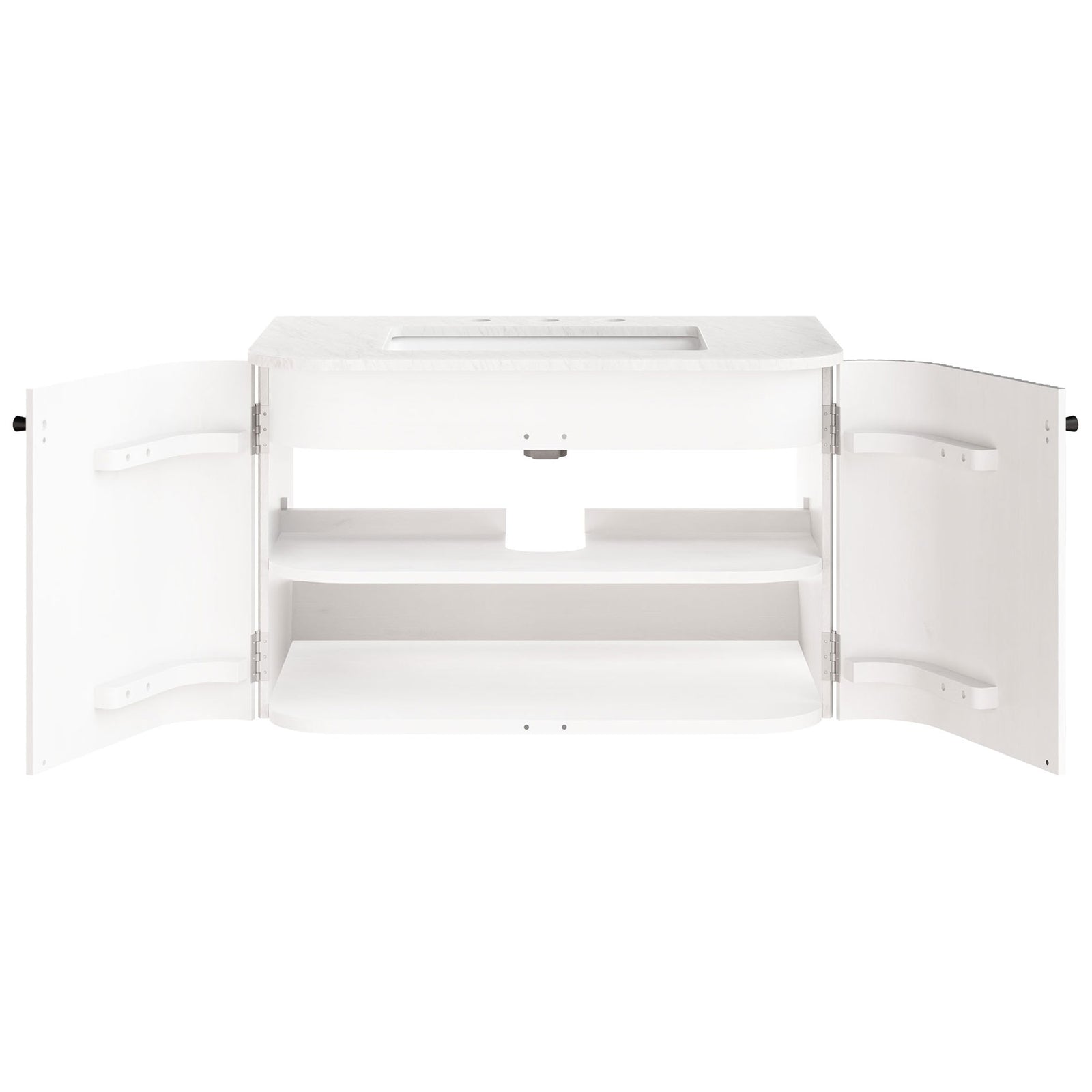 Wide soft-close doors reveal adjustable shelving and plumbing access || EEI-7208-IVO || front_open_studio