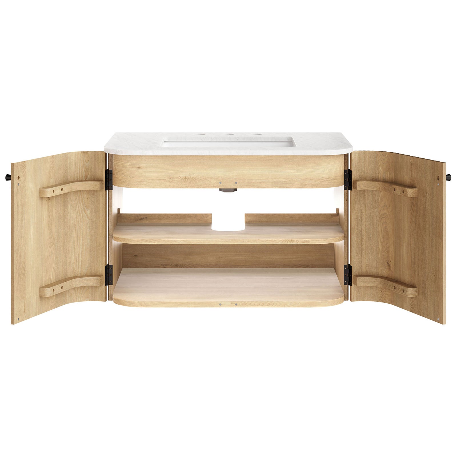 Cabinet doors open wide to spacious shelves for bathroom storage || EEI-7208-NAT || front_open_studio