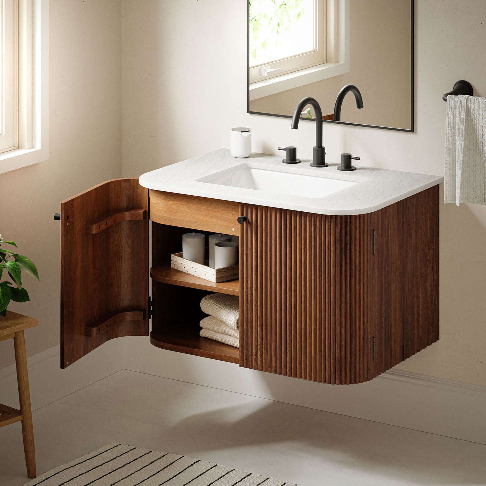 Everyday items stay organized behind doors, with open shelving ready for towels and jars. || EEI-7208-WAL || front_angle_open_room