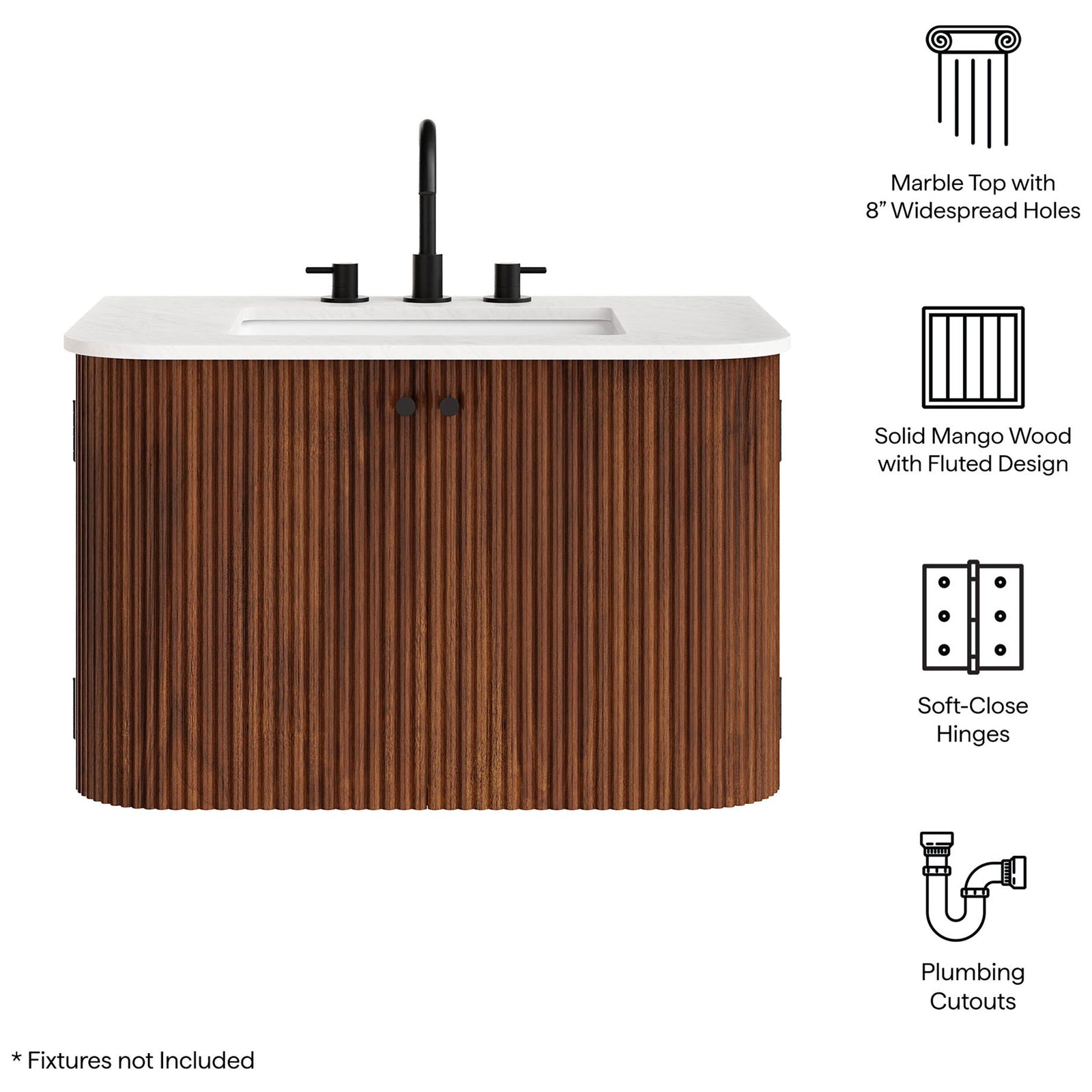 Marble top, solid mango wood base, soft-close hinges, and plumbing cutouts enhance everyday use. || EEI-7208-WAL || callout_studio