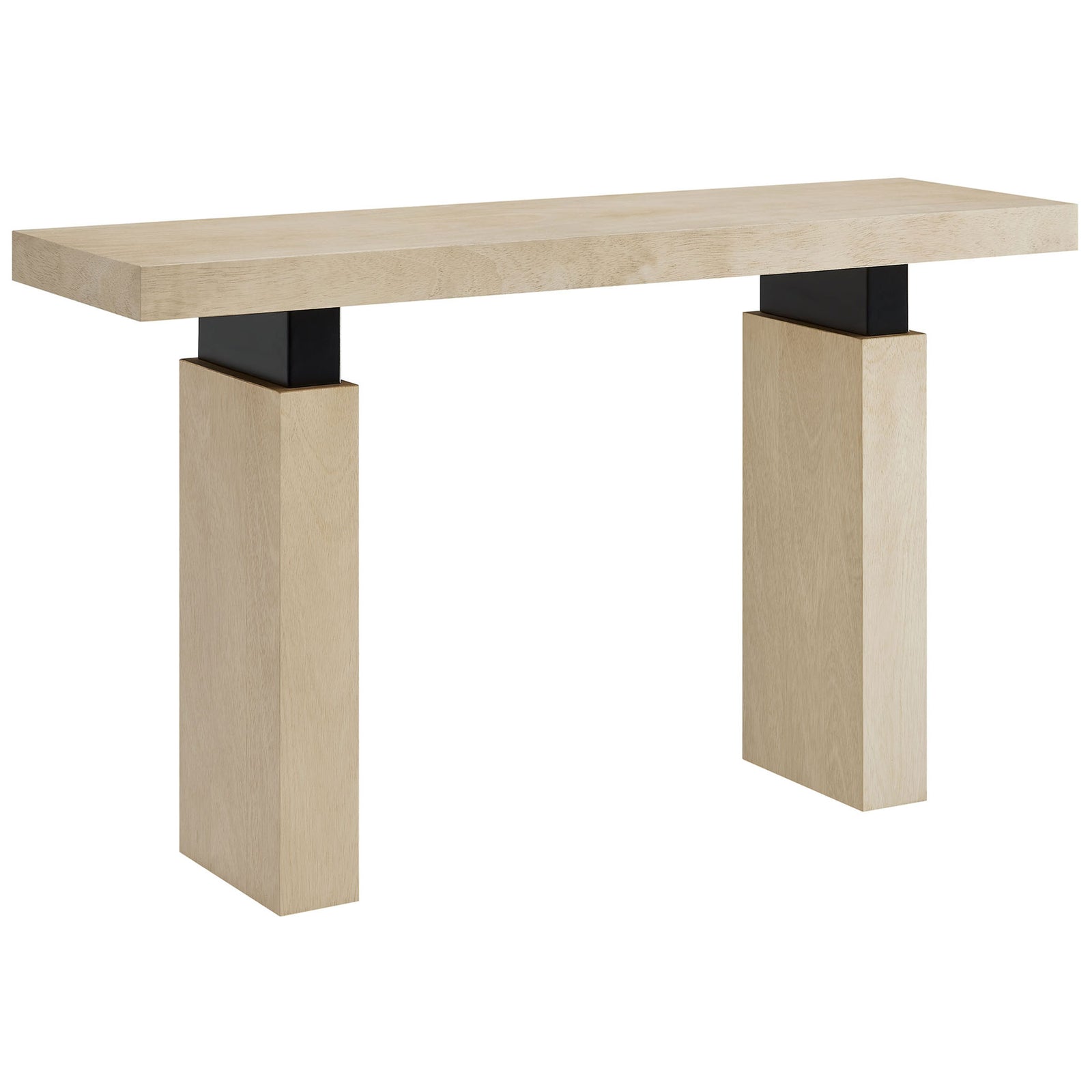 Natural wood console table with a thick rectangular top and matte black metal supports over slab legs || EEI-7209-NAT || front_angle_studio