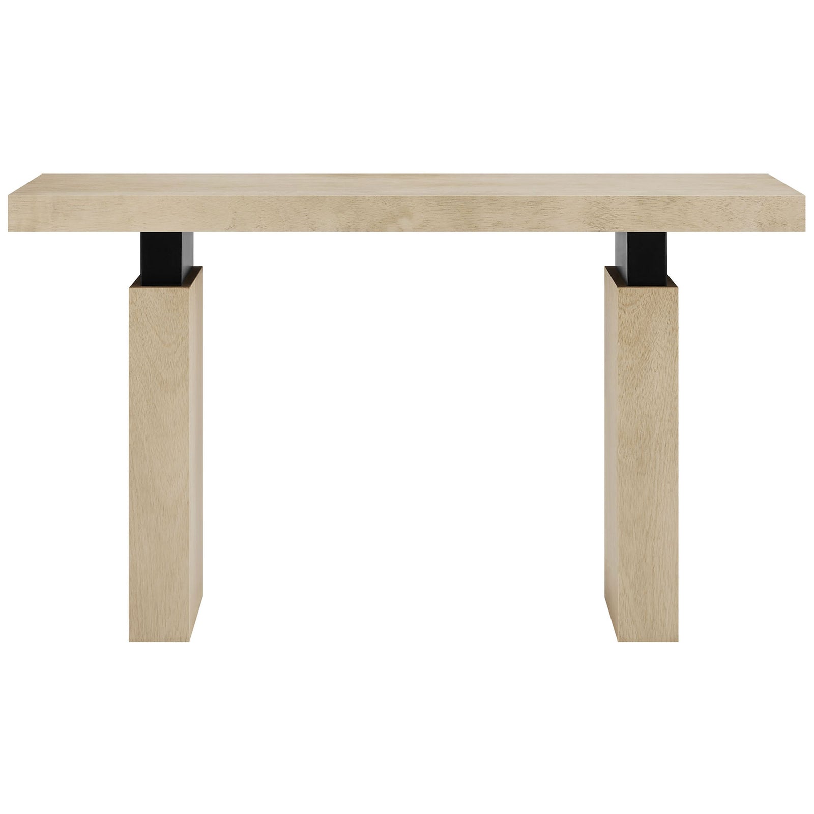 Minimalist console table in warm natural wood with dual slab legs and bold matte black connectors || EEI-7209-NAT || front_studio