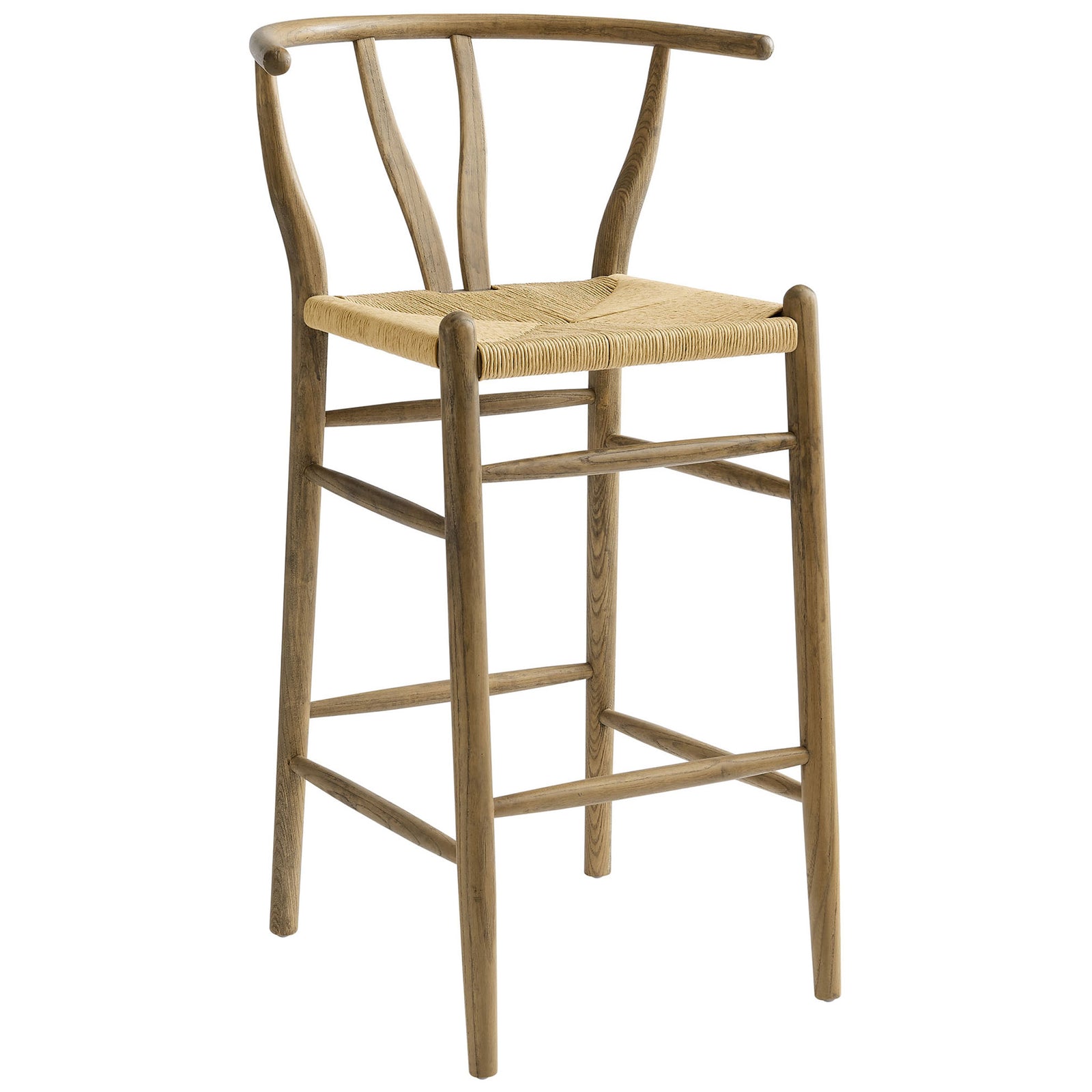 Sleek elm wood bar stool featuring a gently arched back and supportive footrest bars || EEI-7210-GRY || front_angle_studio