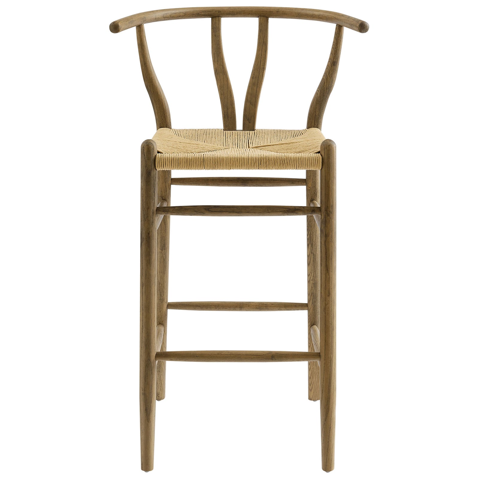Bar stool with curved half-moon back, V-cut detail, and woven paper rope seat in weathered gray wood || EEI-7210-GRY || front_studio