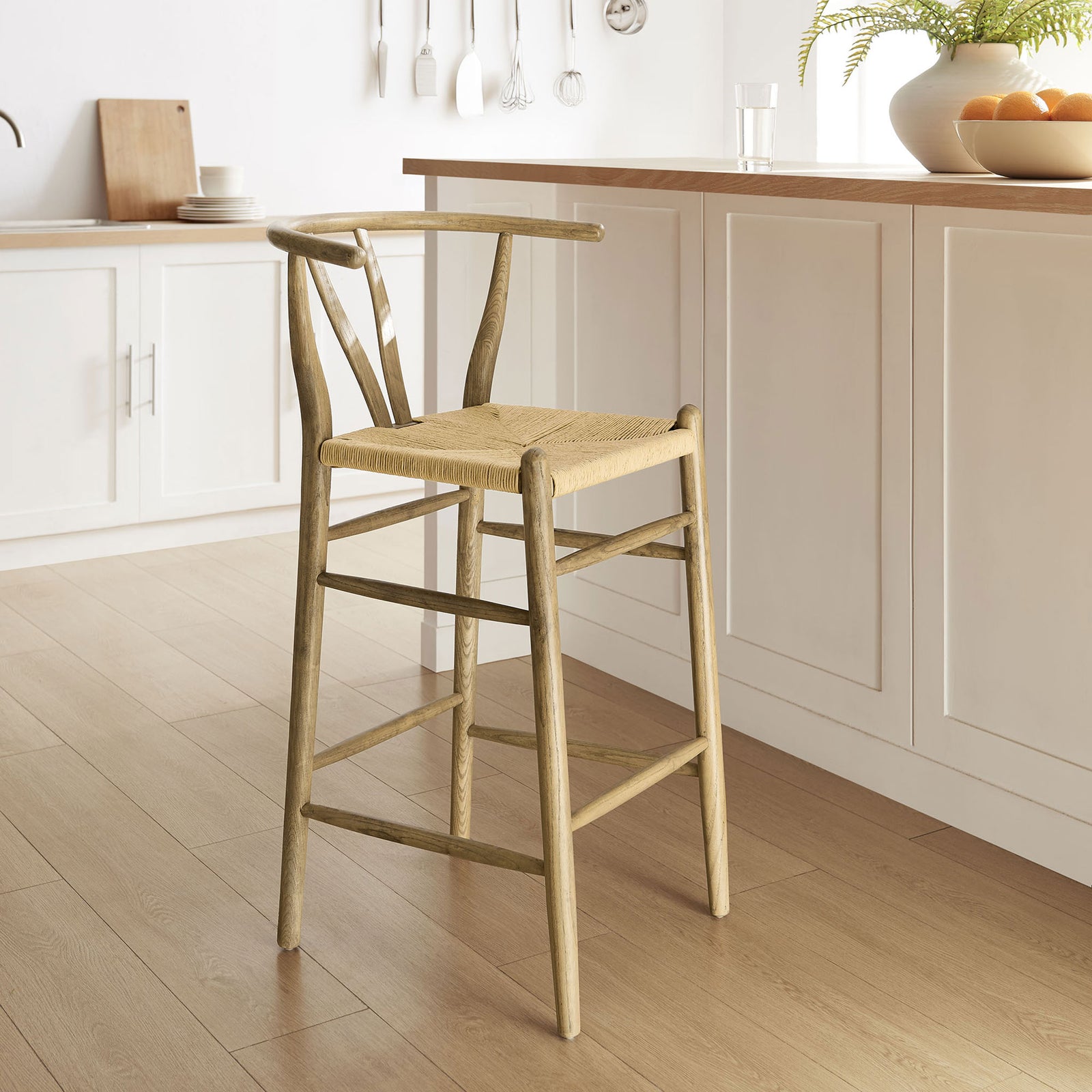 Bar stool pairs natural paper rope texture with weathered gray wood for a timeless look || EEI-7210-GRY || front_angle_room