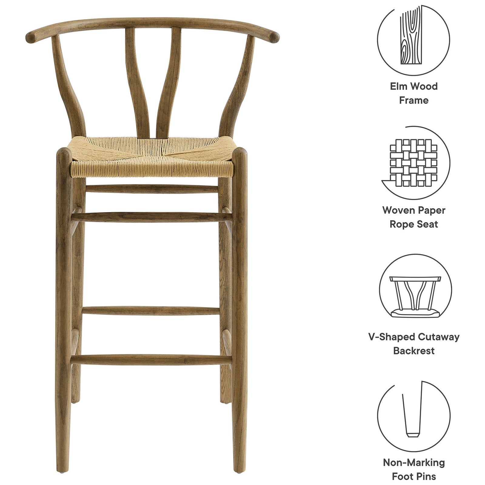 Elm wood frame with paper rope seat, V-cut back, and non-marking foot pins || EEI-7210-GRY || callout_studio