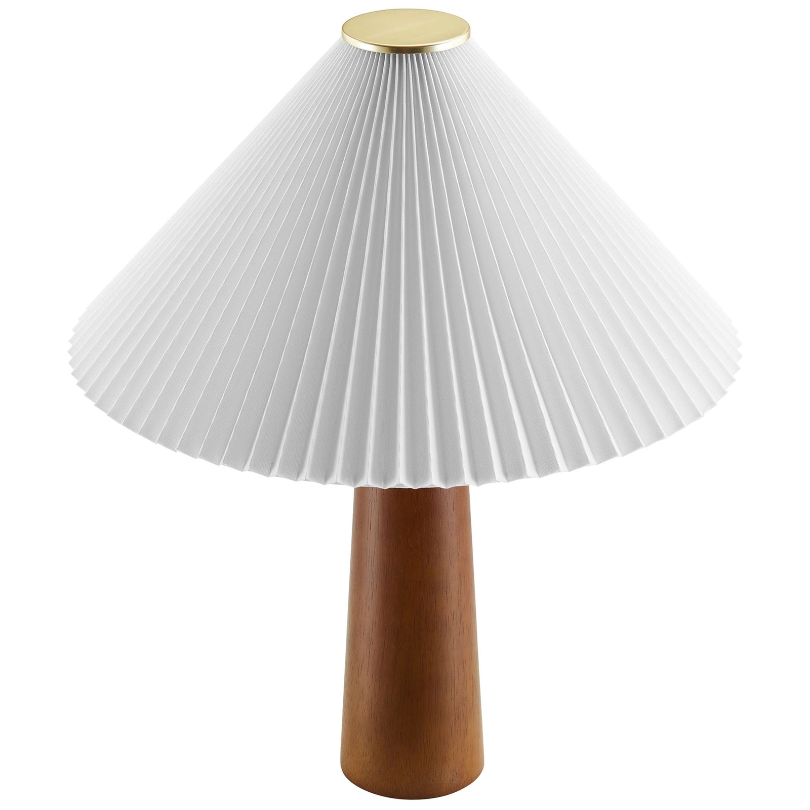 Pleated shade table lamp with tapered walnut base viewed slightly from above || EEI-7212-WAL || front_angle_studio