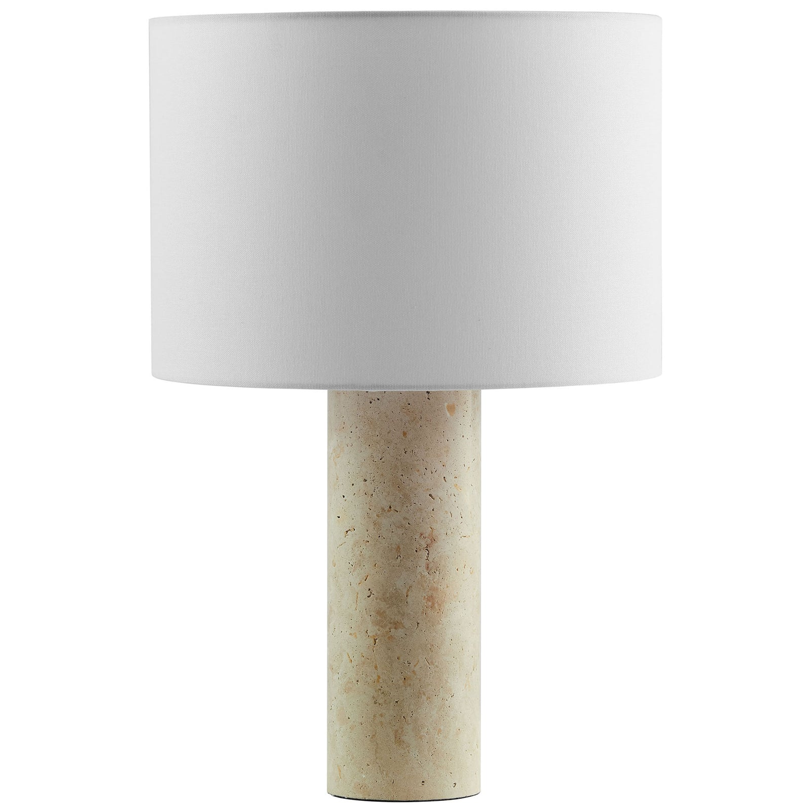 Travertine table lamp with cylindrical stone base and crisp white fabric drum shade || EEI-7213-TRV || front_studio