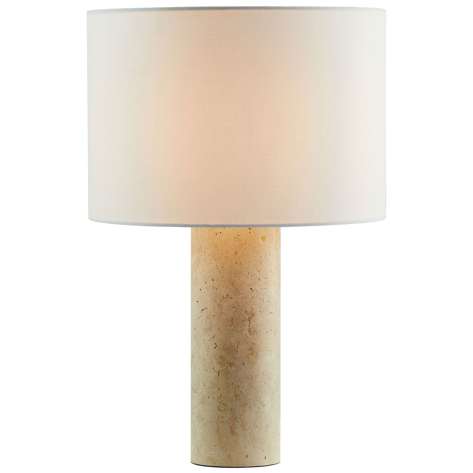 Travertine table lamp with white shade softly glowing to cast warm ambient light || EEI-7213-TRV || front_on_studio