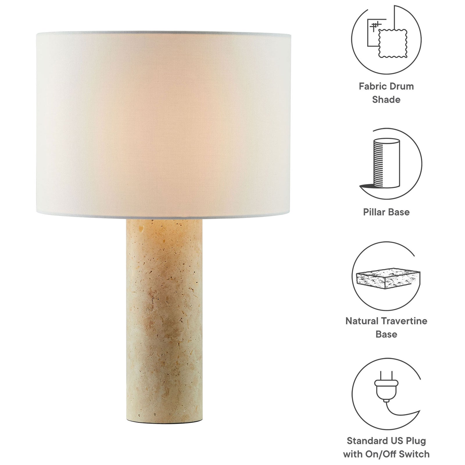 Travertine table lamp with icons highlighting fabric shade, pillar base, travertine stone, and plug switch || EEI-7213-TRV || callout_studio