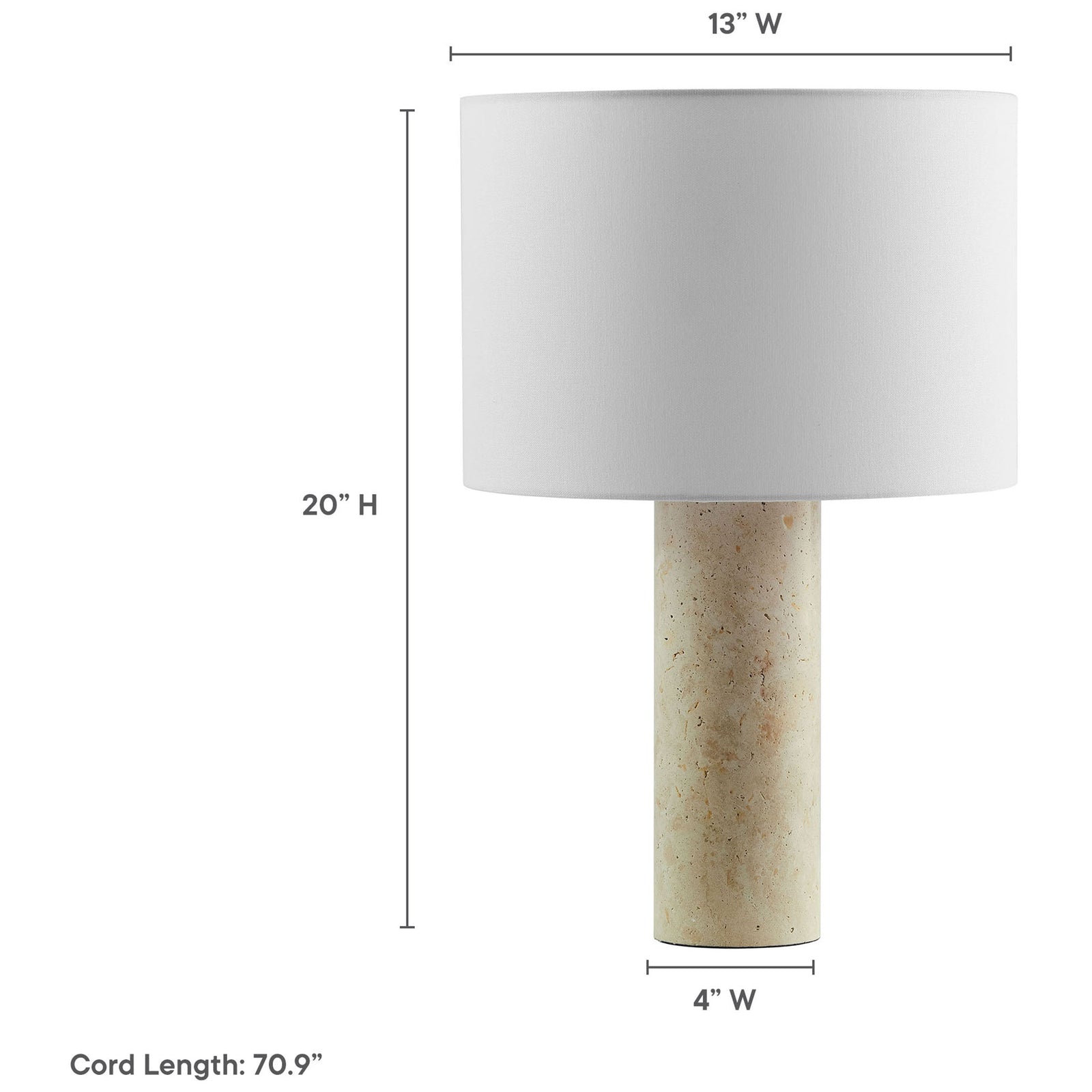Dimension graphic of Zenith travertine table lamp indicating width, height, base size, and cord length || EEI-7213-TRV || dimension_studio