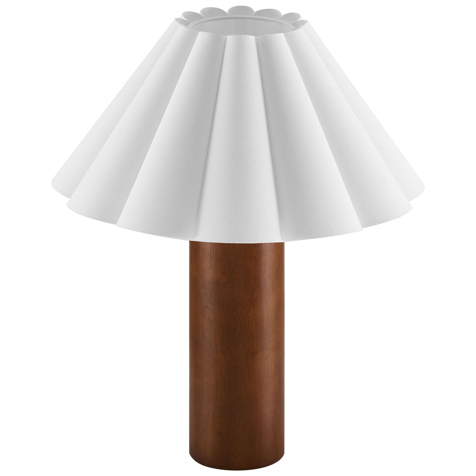 Walnut pillar table lamp with sculpted pleated white shade for soft modern accent lighting || EEI-7214-WAL || front_studio