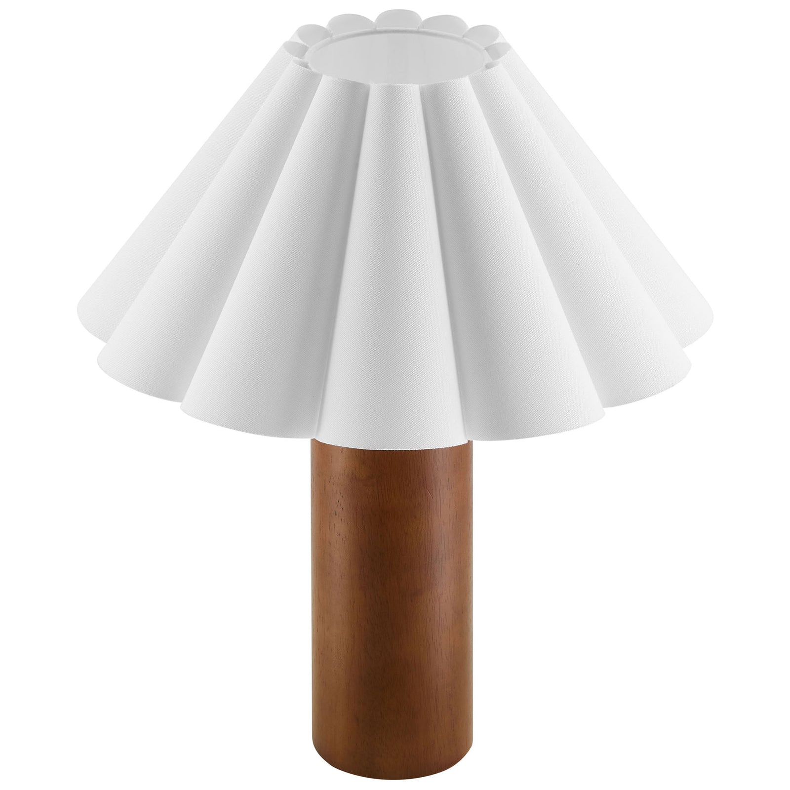 Flora lamp with wide flared pleated shade and smooth cylindrical walnut wood base || EEI-7214-WAL || top_angle_studio