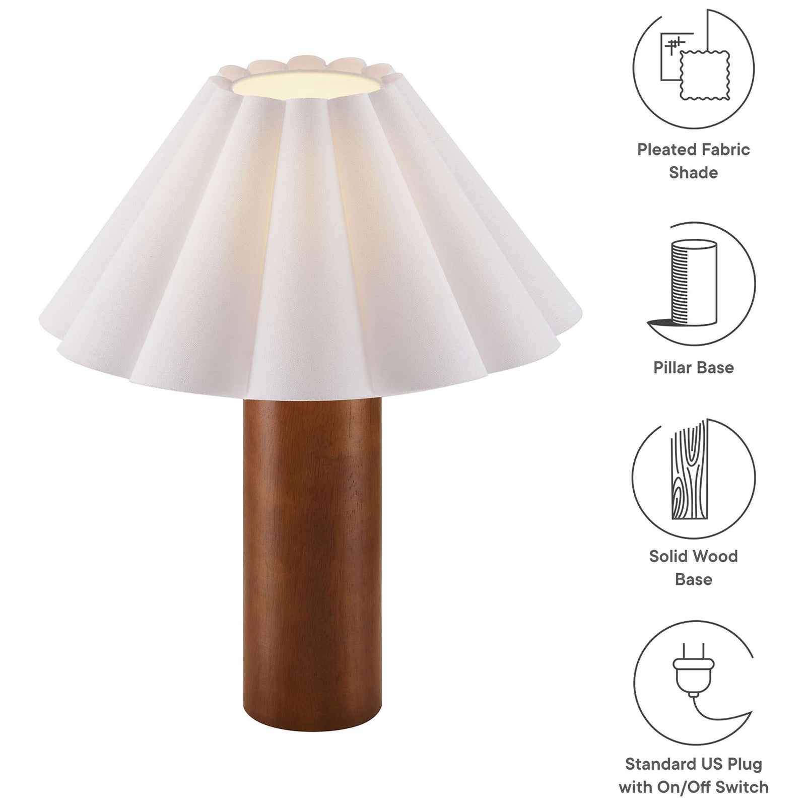 Feature icons highlighting pleated fabric shade, solid wood base, and inline switch || EEI-7214-WAL || callout_studio